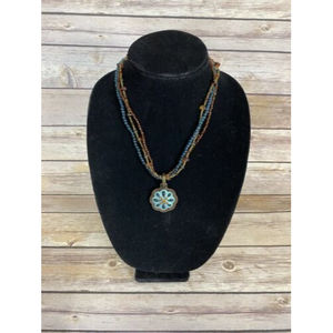 Beaded Necklace With Turquoise Pendant.Brown and Blue Beaded
